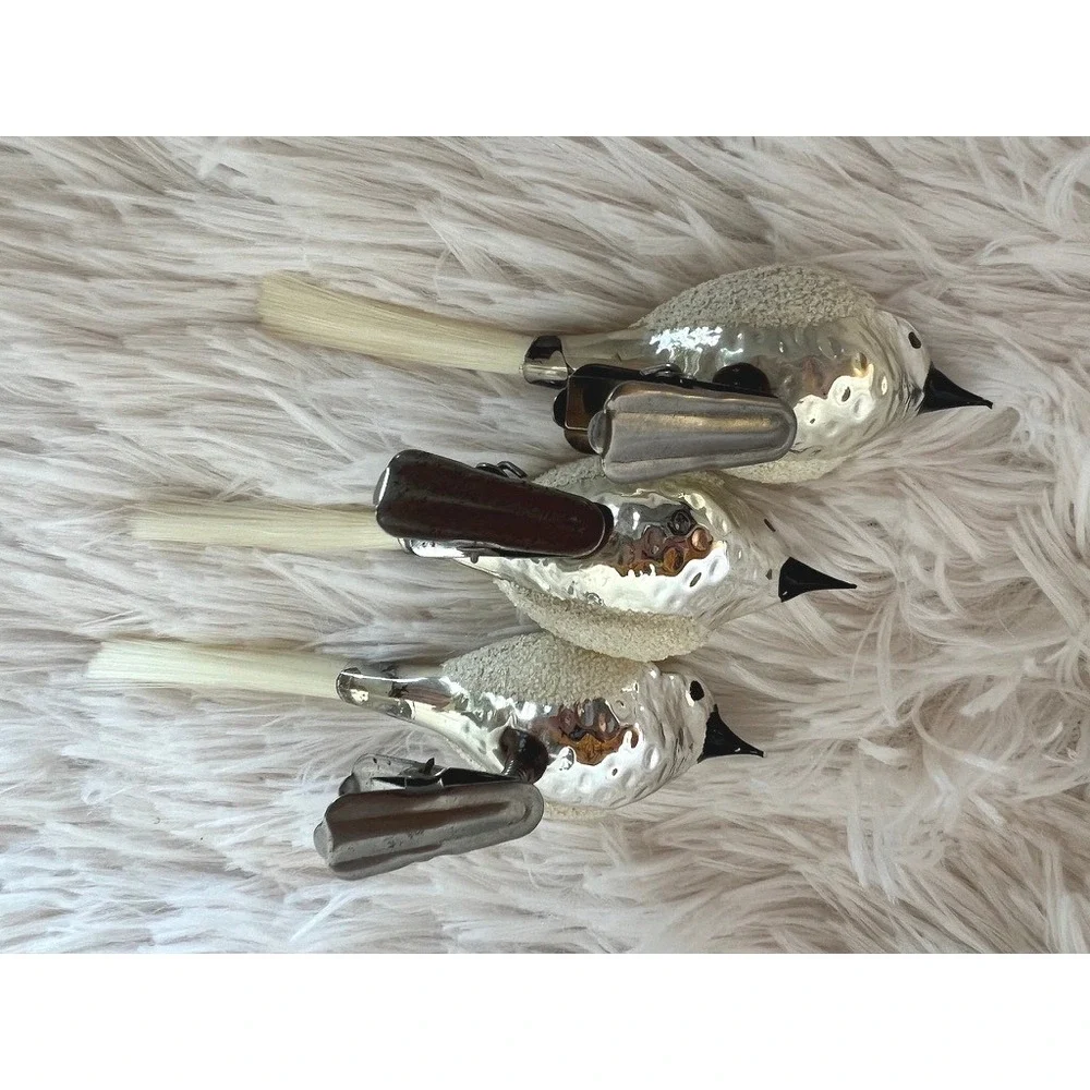 Vintage Mercury Glass Clip On Bird Ornaments White Flocked Christmas Decor Set 3